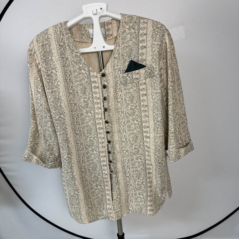 VTG Pride & Joy Women's 16P Tunic Blouse Floral Pattern 3/4 Sleeves Cream Color